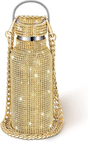 Vista 14 de Geiserailie Botella de agua con diamantes de imitación de acero inoxidable, térmica, recargable, aislada, con cadena, para mujeres y niñas