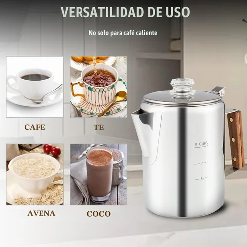 Vista 6 de APOXCON Cafetera de acero inoxidable con perilla de vidrio para usar en cualquier estufa, sin aluminio, sin plástico (9 tazas)
