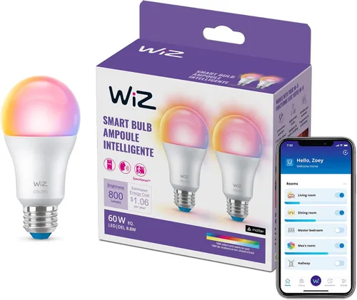 Vista 9 de WiZ Bombillas LED inteligentes, automatización de atardecer a amanecer + detección de movimiento + control con voz o aplicación, a todo color A19