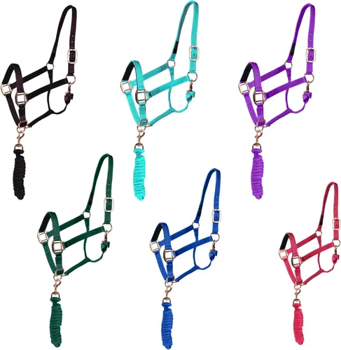 Vista 3 de Majestic Ally Cabestro con cuerda de plomo para caballos, barbilla ajustable y corona, pestillo de garganta enrollado con broche reemplazable, banda