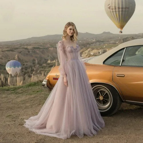 Vista 6 de Fanciest - Vestido de fiesta de graduación de manga larga estilo vintage para mujer, vestido de noche formal de manga larga y sin espalda