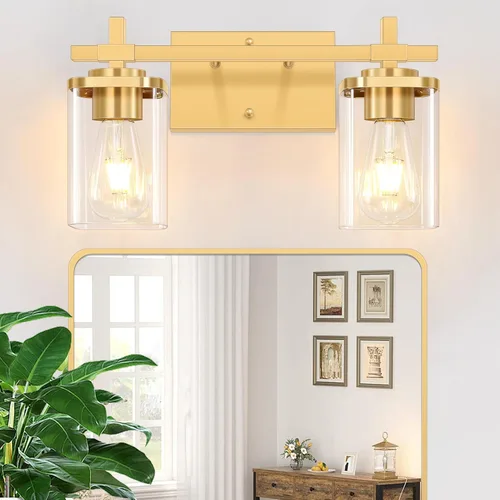 Vista 17 de 2 luces de tocador de baño, accesorios de luz de tocador negro mate sobre espejo, apliques de pared modernos con pantalla de vidrio transparente