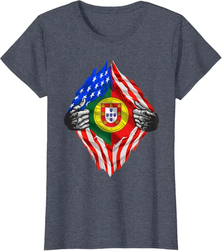 Vista 54 de Camiseta de bandera de Estados Unidos con diseño de raíces portuguesas, Negro, S