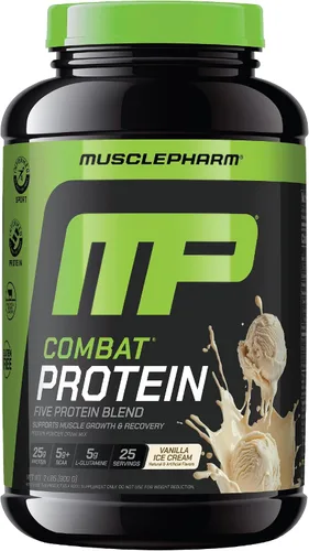 Vista 11 de MusclePharm Combat Protein Powder, sabor crema de plátano, alimenta los músculos para entrenamientos productivos, 5 fuentes de proteína incluyendo