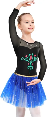 Vista 3 de EQSJIU Leotardo de ballet de manga larga con falda tutú para niñas, baile, gimnasia, niños pequeños, vestido de fiesta de copo de nieve brillante