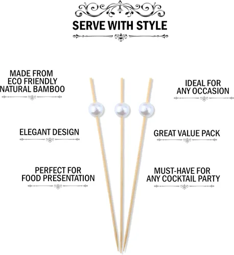 Vista 2 de Púas de bambú para cócteles, palillos de dientes, 120 unidades, 4.75 pulgadas, color blanco perlado de madera con volantes para aperitivo, Martini