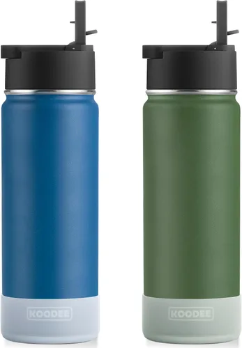 Vista 10 de Koodee Paquete de 2 botellas de agua, de 12 onzas, acero inoxidable, con aislamiento al vacío, con tapa de boquilla a prueba de fugas, color verde