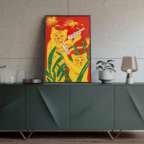 Vista 6 de Póster abstracto vintage de animales retro, dos gatos amarillos sosteniendo pistolas, pintura divertida acuarela gato lienzo arte de pared