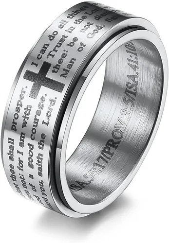 Vista 6 de Versículos bíblicos inspiradores giratorios cristiano Jesucristo Señor oración alivio del estrés spinner fidget anillos de banda para hombres