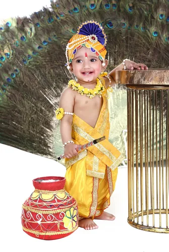 Vista 3 de Raj Fancy Dresses Vestido Shri Krishna para bebés, niño y niña, vestido Janmashtmi con Dhoti Dupatta, vestido Kanha, para 3 meses a 8 años