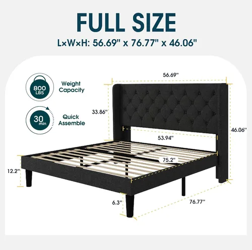 Vista 2 de WEEWAY Base de cama tapizada de tamaño matrimonial con cabecera copetuda con respaldo de alas, plataforma moderna con soporte de listones de madera