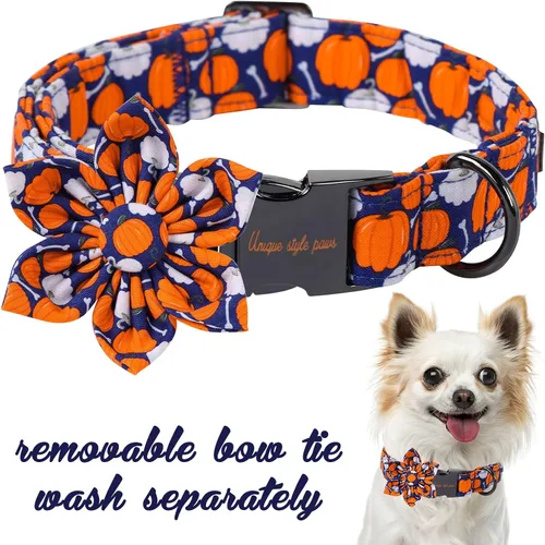 Vista 2 de Collar de perro de Halloween de estilo único con arco de flores de Unique Style Paws, collar de calabaza de algodón para perros pequeños, medianos