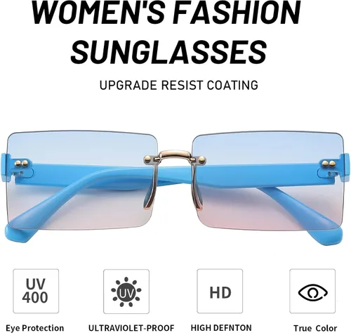 Vista 4 de Przene Lentes de sol sin montura para mujeres y hombres, vintage, rectangulares, sin marco, protección UV, para mujeres y hombres, para mujeres