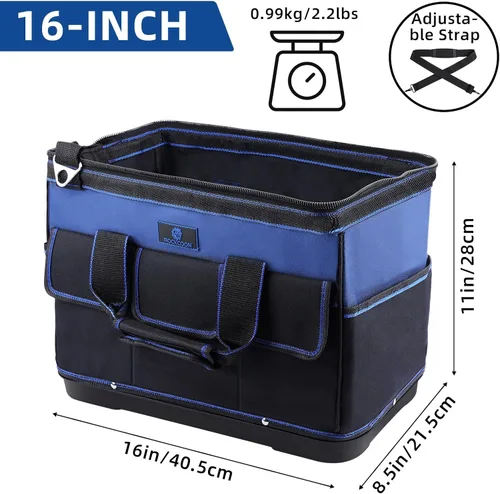 Vista 2 de Bolsa de herramientas de 16 pulgadas, organizador de herramientas multibolsillos con base de plástico impermeable, maletín resistente con correa