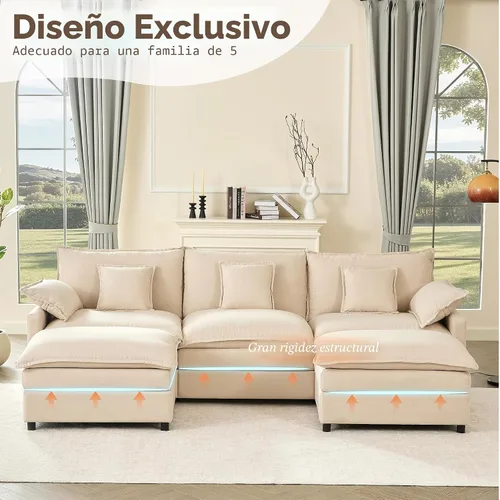 Vista 3 de GOSUHI - Sofá en forma de U de 108", sofá seccional modular, sofá de nube de 3 plazas con otomana móvil, sofás de asiento profundo para sala de Beige