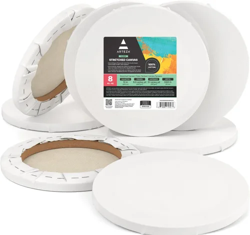 Vista 8 de ARTEZA Lienzo redondo estirado, 6 pulgadas de diámetro, paquete de 12, tableros de lienzo blanco en blanco para pintura acrílica, óleo y gouache