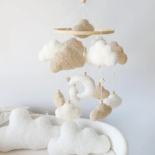 Vista 8 de Cloud Crib Mobile Baby Mobile para cuna Neutral Boho Luna y Nubes Móvil Neutral Guardería Decoración Boucle Mobile Blanco
