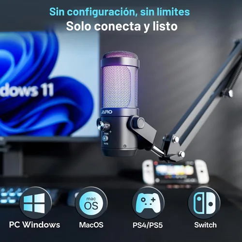 Vista 3 de JARO Micrófono USB para podcast con brazo de brazo, micrófono de condensador de estudio con monitoreo en tiempo real, silencio, control de volumen