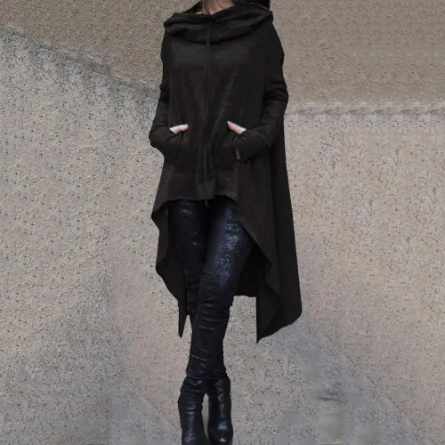Vista 2 de Sudaderas con capucha con cordón de cuello alto para mujer, dobladillo irregular, manga larga, túnica con capucha, sin botones