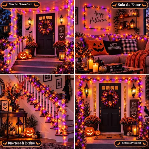 Vista 2 de Guirnalda de luces moradas y naranjas de Halloween, se pueden conectar entre sí, 2 unidades, 164 pies, 400 LED, 13 modos, impermeable
