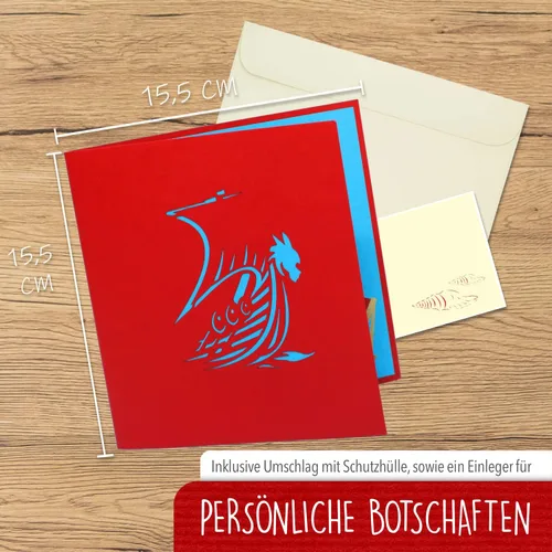 Vista 2 de LIN Tarjeta de felicitación 3D desplegable para fanáticos de los vikingos o como tarjeta de regalo para un recorrido en barco, barco vikingo