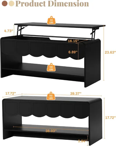 Vista 2 de Mesa de centro elevable con compartimento oculto, mesa central de madera de 2 niveles con panel ondulado, moderna mesa elevadora para el hogar, sala
