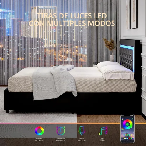 Vista 5 de BarnFurin Marcos de Cama Individual con Luces LED y Cajones de Almacenamiento, Marco de Cama Tapizado con Cabecera de Diamante, Cama de Plataforma