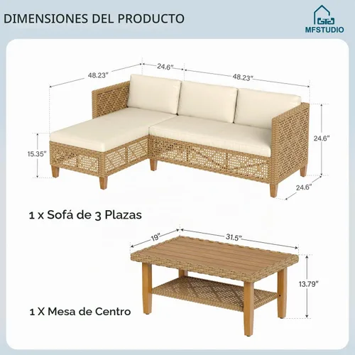 Vista 2 de MFSTUDIO Juego de muebles pequeños de mimbre para patio, sofá en forma de L, color beige