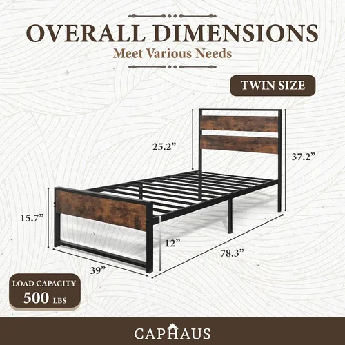 Vista 2 de CAPHAUS Base de cama de metal con cabecera y estribo de madera, plataforma de metal con marco de acero de primera calidad, base de colchón, sin