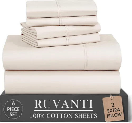 Vista 45 de RUVANTI Juego de sábanas de 4 piezas de algodón 100% natural de percal suave, ligero y transpirable, con bolsillos profundos de 16 pulgadas
