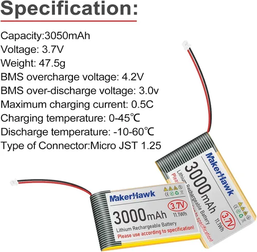 Vista 3 de MakerHawk Batería LiPo de 3.7 V 3000 mAh recargable 1S 103665 Batería de polímero de litio con placa de protección cinta de goma aislada, enchufe