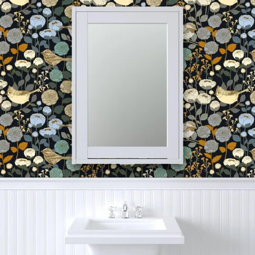Vista 9 de Papel tapiz para despegar y pegar, diseño de pájaros negros con diseño de jardín de invierno, diseño de pájaros negros y oscuro, papel tapiz