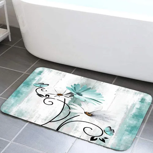 Vista 7 de Alfombra de baño rústica de granja, diseño de margaritas y mariposas en madera de campo, tapete de baño de madera color gris, blanco, azul marino