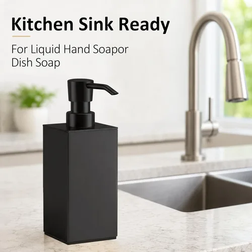 Vista 6 de BGL Black Soap Dispenser for Kitchen & Bathroom, Modern Square Liquid Hand Soap Pump, Rustproof Matte Black Lotion Dispenser with Non-Slip Bottom