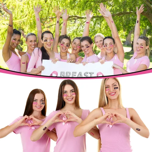 Vista 6 de Landhoow 240 piezas de tatuajes faciales para concientización sobre el cáncer de mama, cinta rosa a granel, tatuaje temporal, purpurina para ojos