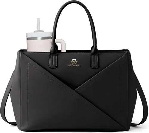 Vista 9 de LOVEVOOK Bolso para laptop de mano para mujer con portavasos grande, de 15.6 pulgadas, de PU, bolso de trabajo para maestra, bolso de mano