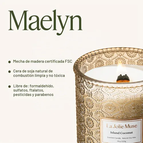 Vista 6 de LA JOLIE MUSE Vela de vainilla y coco – Coco, freesia y vainilla Vela de mecha de madera grande de 19 oz Cera de soja natural 90 horas de Isla