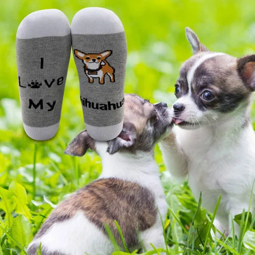 Vista 6 de MBMSO Regalos divertidos de Chihuahua, 2 pares de calcetines con texto en inglés "I Love My Chihuahua", regalo para amantes de Chihuahua