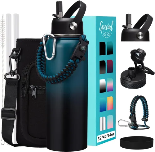 Vista 17 de Botellas de agua de 32 onzas aisladas con pajita y tapa para beber de un sorbo, asa de paracord, bolsa de transporte con correa, termo de triple
