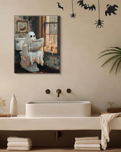 Vista 5 de QPVXSST Arte de Pared Interesante de Fantasma de Halloween para Baño, Póster Impreso en Lienzo de Estilo Gótico, Decoración de Baño con Diseño