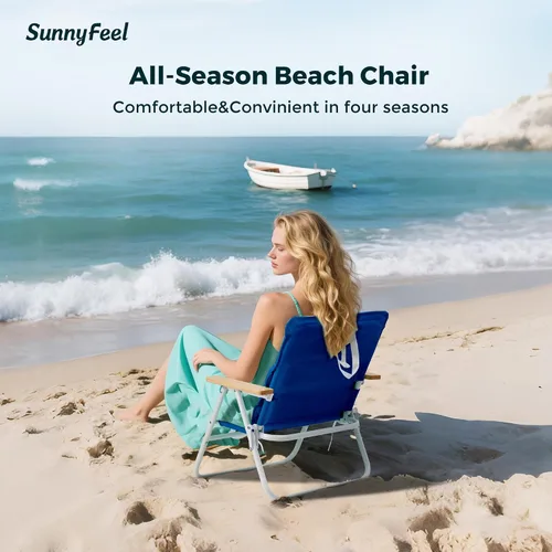 Vista 3 de SUNNYFEEL Silla de playa plegable, respaldo de silla de playa con reposabrazos y cojín de madera, silla de campamento ligera resistente para playa