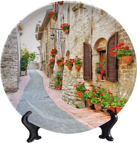 Vista 38 de Plato decorativo colgante de cerámica con temática de paisaje, plato decorativo redondo de plantas en maceta, con soporte decorativo, para sala