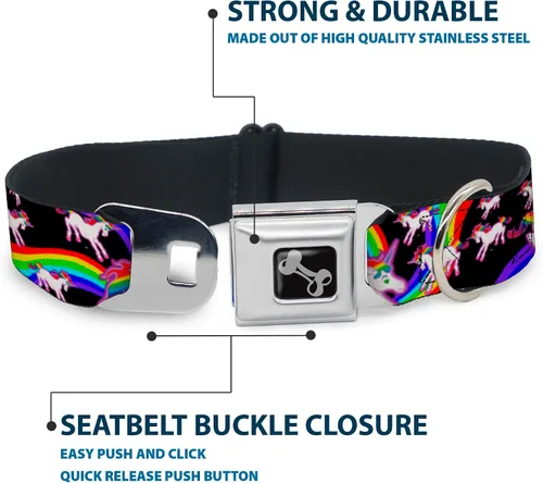 Vista 4 de Buckle-Down Collar de perro con hebilla de cinturón de seguridad, unicornios/arco iris negro, 1 pulgada de ancho, se adapta a cuello de 9 a 15
