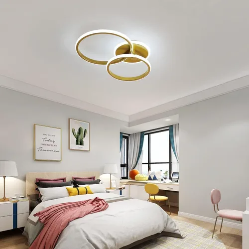 Vista 9 de Lámpara de techo LED moderna, lámpara de techo de montaje empotrado de 40 W con círculo de dos anillos, lámparas acrílicas doradas para sala