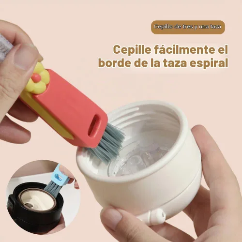 Vista 3 de Cepillo de limpieza de tapa de taza 3 en 1, cepillo portátil multifuncional de grietas para tapa de botella, espacios estrechos de botella, cepillo