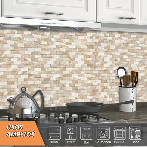 Vista 4 de VAOVI Azulejos de cocina para despegar y pegar para salpicaduras de metro autoadhesivos, adhesivos de pared para baño (10 hojas, Marrón Oro)