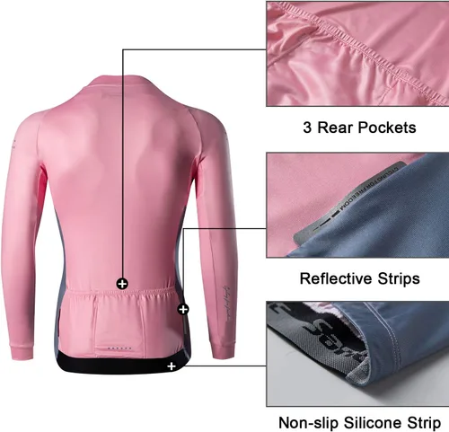 Vista 35 de Santic - Camiseta de ciclismo para hombre, manga larga, reflejante, cremallera completa, con bolsillos