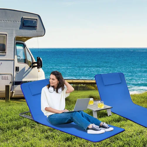 Vista 9 de GYMAX Sillas de playa, sillas de bronceado plegables con juego de mesa, silla de piso ajustable para patio, silla de baño de sol al aire libre