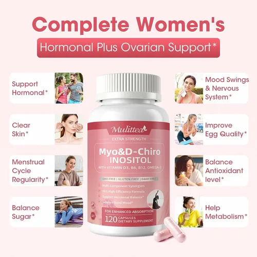 Vista 3 de Mulittea Suplemento de Myo-Inositol y D-Chiro para Mujeres - Inositol Liposomal 14-en-1 con Ácido Fólico, Omega-3 y Multivitaminas para Equilibrio
