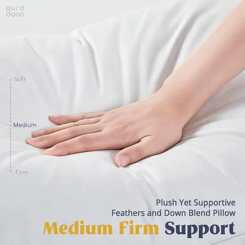 Vista 5 de puredown® - Juego de 2 almohadas de plumas y plumón de ganso blancas con funda de 100% algodón suave, almohadas de colección de hotel para cama